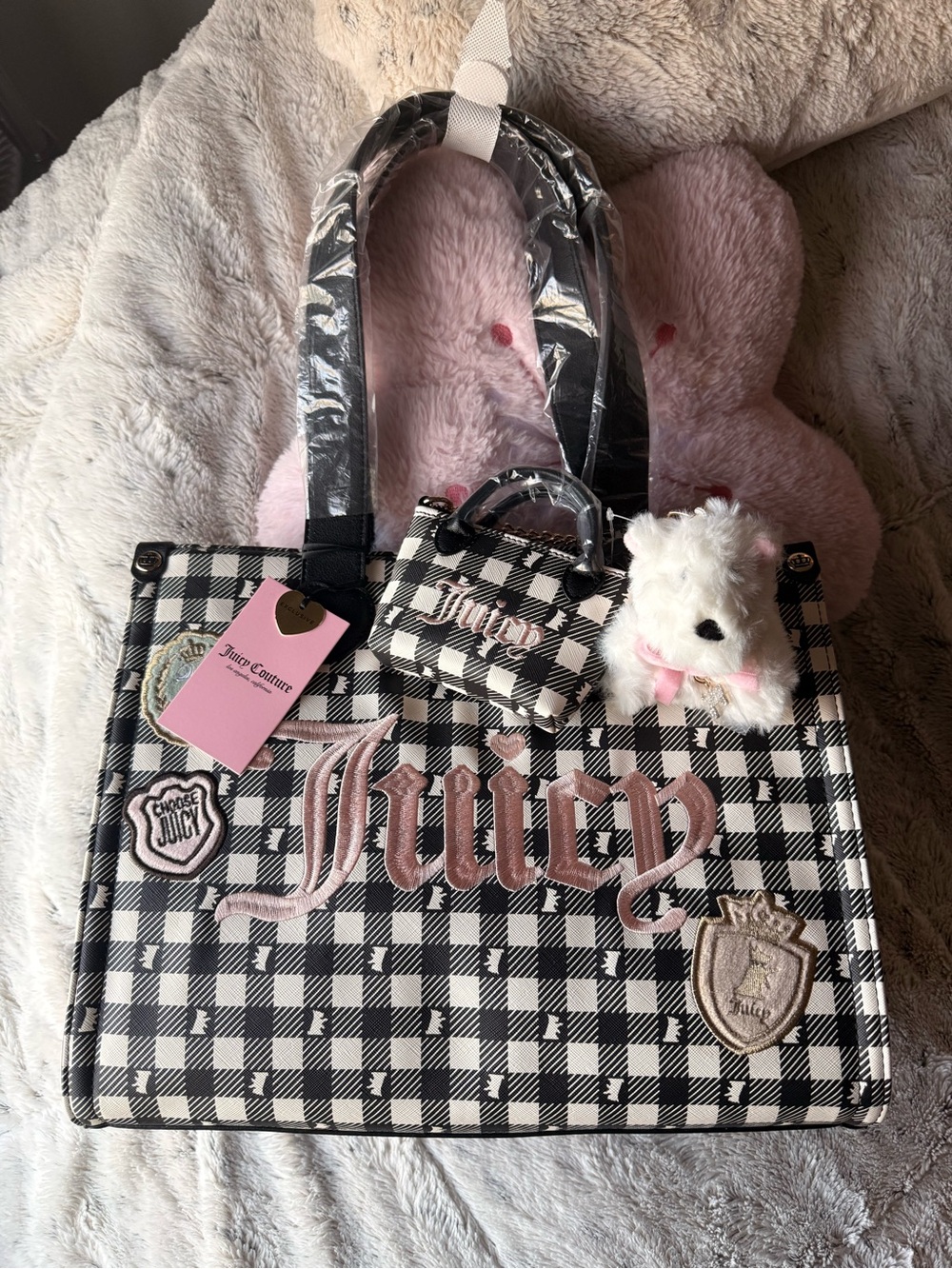 Juicy Couture Black & White Gingham Tote with mini tote and Scottie Dog Set